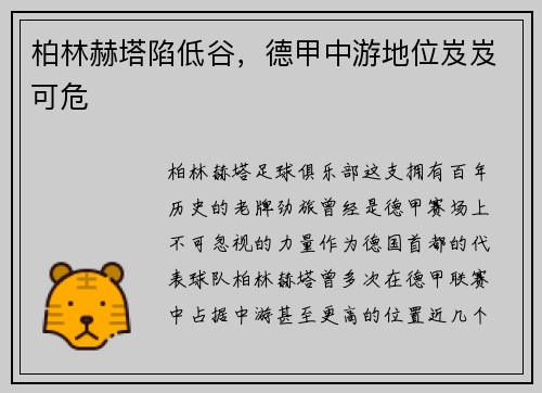 柏林赫塔陷低谷，德甲中游地位岌岌可危